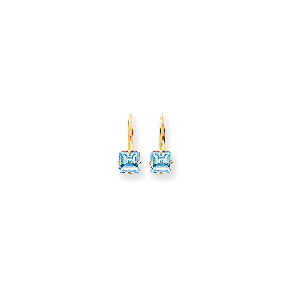 14k Yellow Gold 6mm Princess Cut Blue Topaz Leverback Earrings XLB122BT