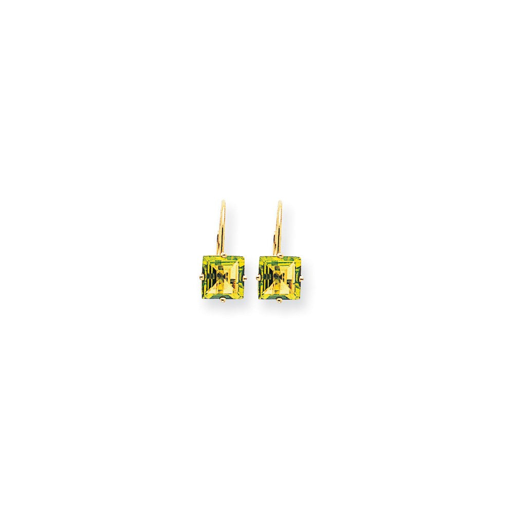 14k Yellow Gold 7mm Princess Cut Peridot Leverback Earrings XLB123PE