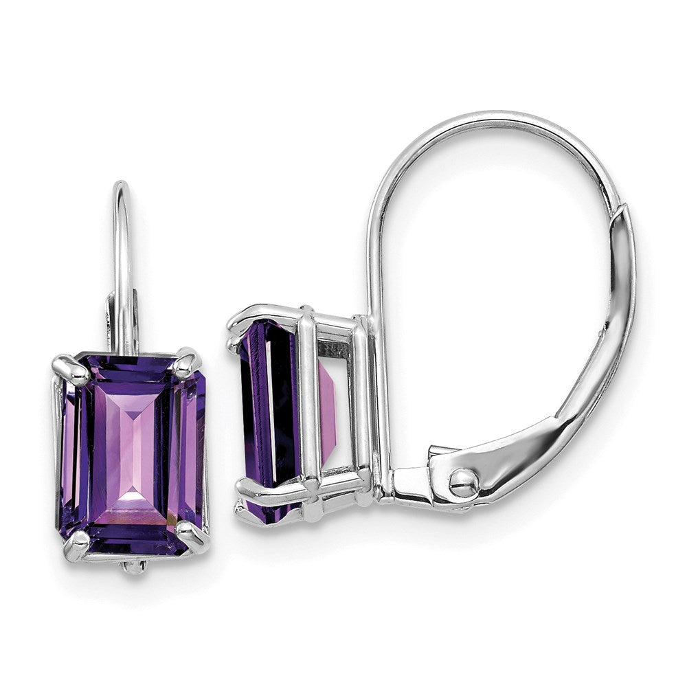 14k White Gold 7x5mm Emerald Cut Amethyst Leverback Earrings XLB124WAM