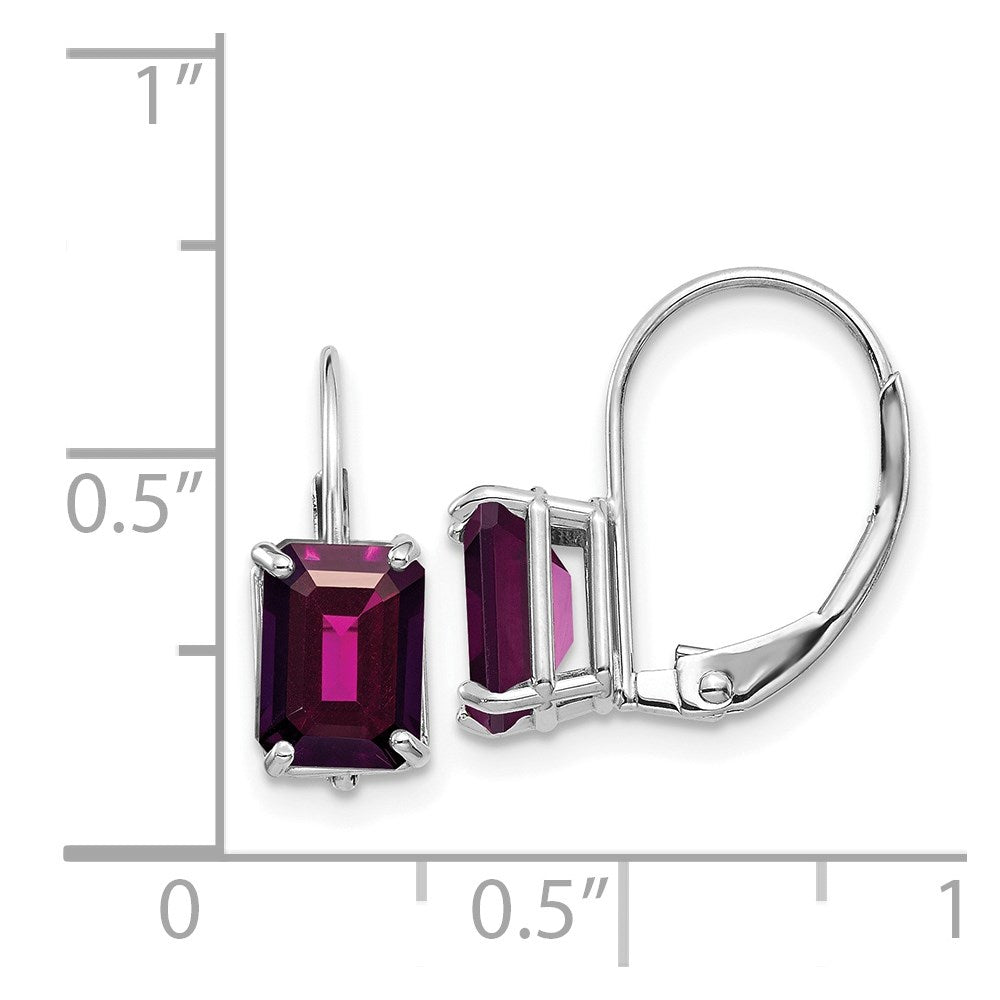 14k White Gold 7x4 Emerald Cut Rhodolite Garnet Leverback Earrings