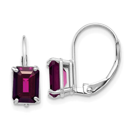 14k White Gold 7x4 Emerald Cut Rhodolite Garnet Leverback Earrings