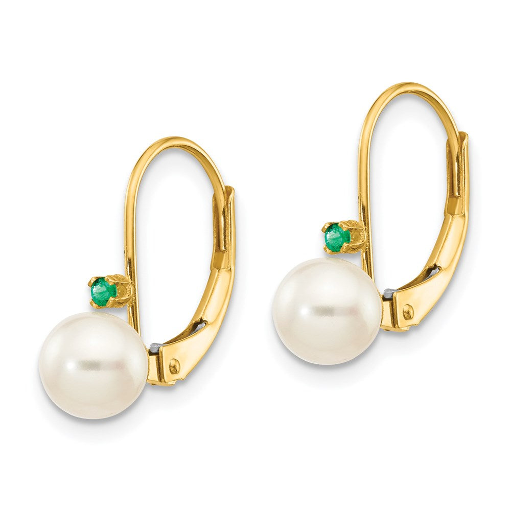 14k Yellow Gold 5-5.5mm White Round FW Cultured Pearl Emerald Leverback Earrings XLB50E/PL