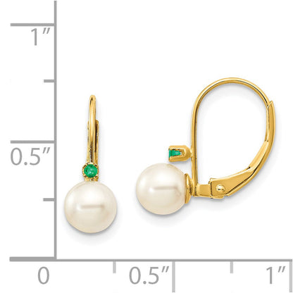 14k Yellow Gold 5-5.5mm White Round FW Cultured Pearl Emerald Leverback Earrings XLB50E/PL