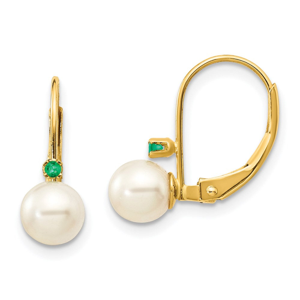 14k Yellow Gold 5-5.5mm White Round FW Cultured Pearl Emerald Leverback Earrings XLB50E/PL
