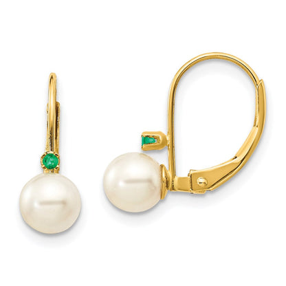 14k Yellow Gold 5-5.5mm White Round FW Cultured Pearl Emerald Leverback Earrings XLB50E/PL