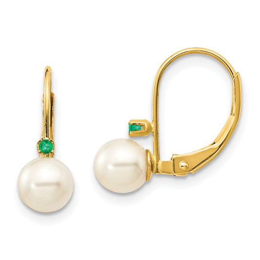 14k Yellow Gold 5-5.5mm White Round FW Cultured Pearl Emerald Leverback Earrings XLB50E/PL
