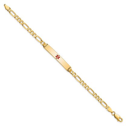 Solid 14K Yellow Gold Medical Red Enamel Flat Figaro Link ID Bracelet