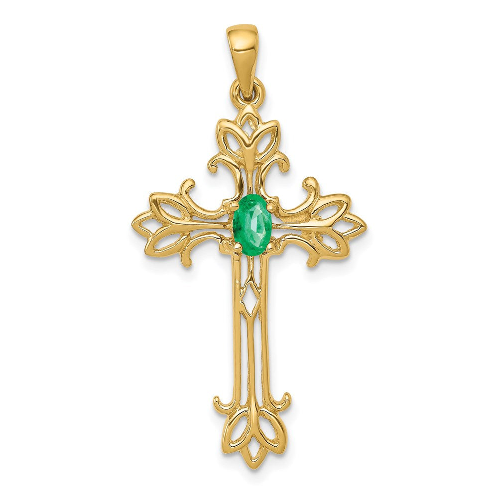 14k yellow gold 5x3mm oval emerald cross pendant xp1775e