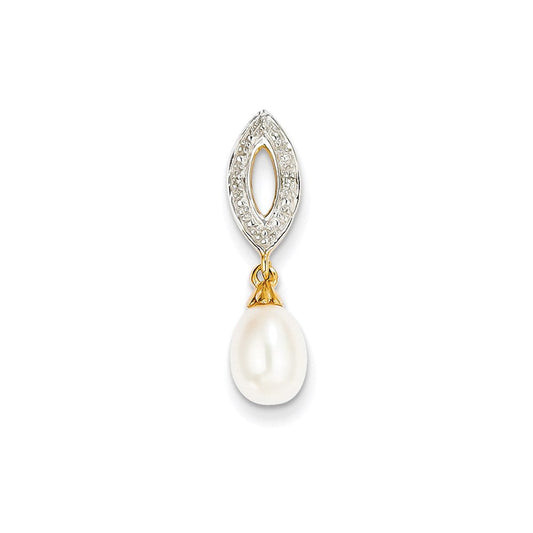 14k yellow gold real diamond and 8x6mm fw cultured pearl oval pendant xp4163