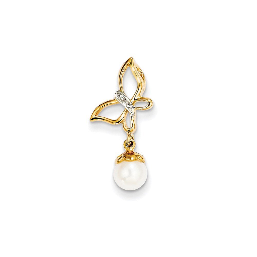 14k yellow gold real diamond and 6 7mm round fw cultured pearl butterfly pendant xp4167