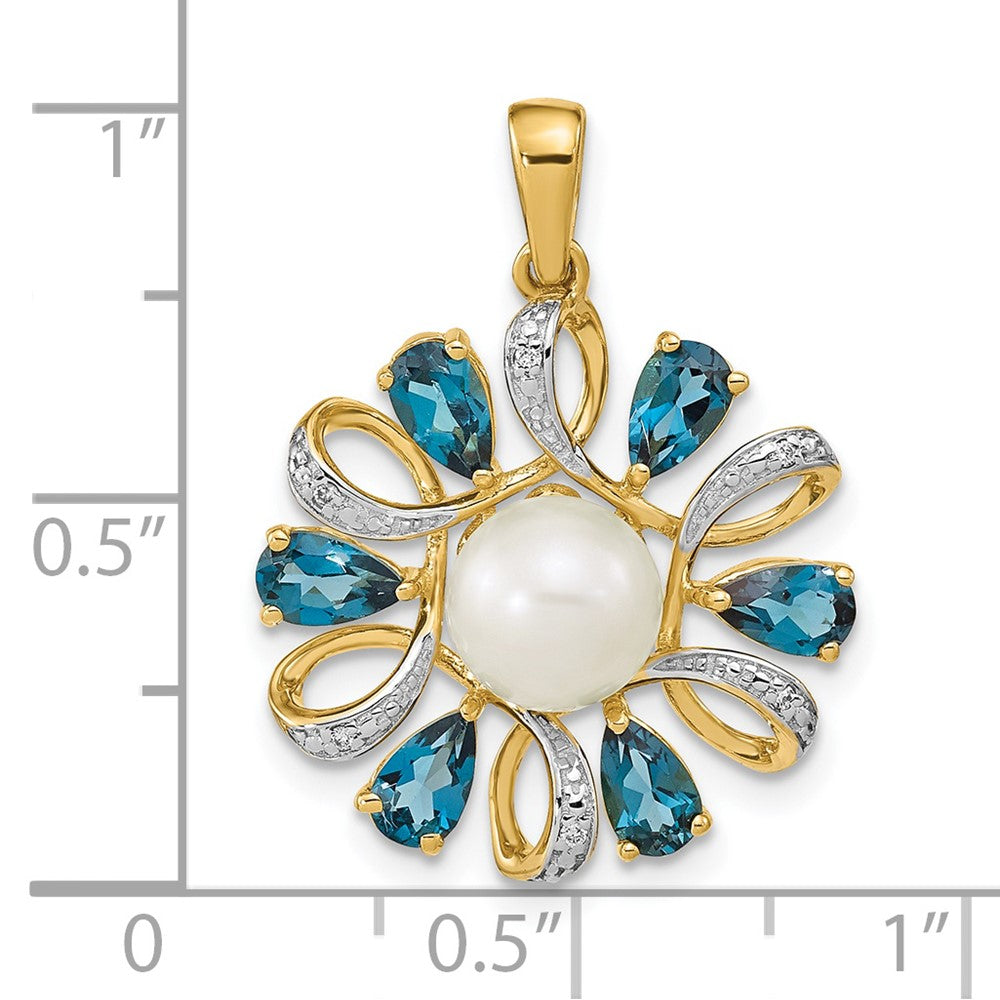 14k Diamond and 6 7mm Button FW Cultured Pearl/London Blue Topaz Pendant