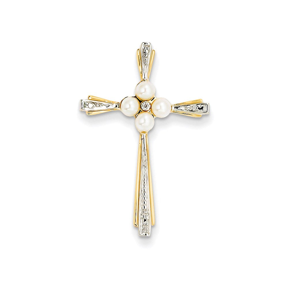 14k yellow gold real diamond and 3 4mm fw cultured pearl cross pendant xp4176