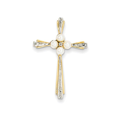 14k yellow gold real diamond and 3 4mm fw cultured pearl cross pendant xp4176