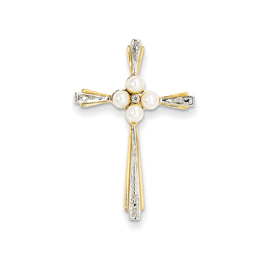 14k yellow gold real diamond and 3 4mm fw cultured pearl cross pendant xp4176