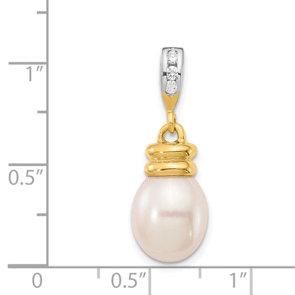 14K 9 10mm White Rice Freshwater Cultured Pearl .06tw Diamond Pendant