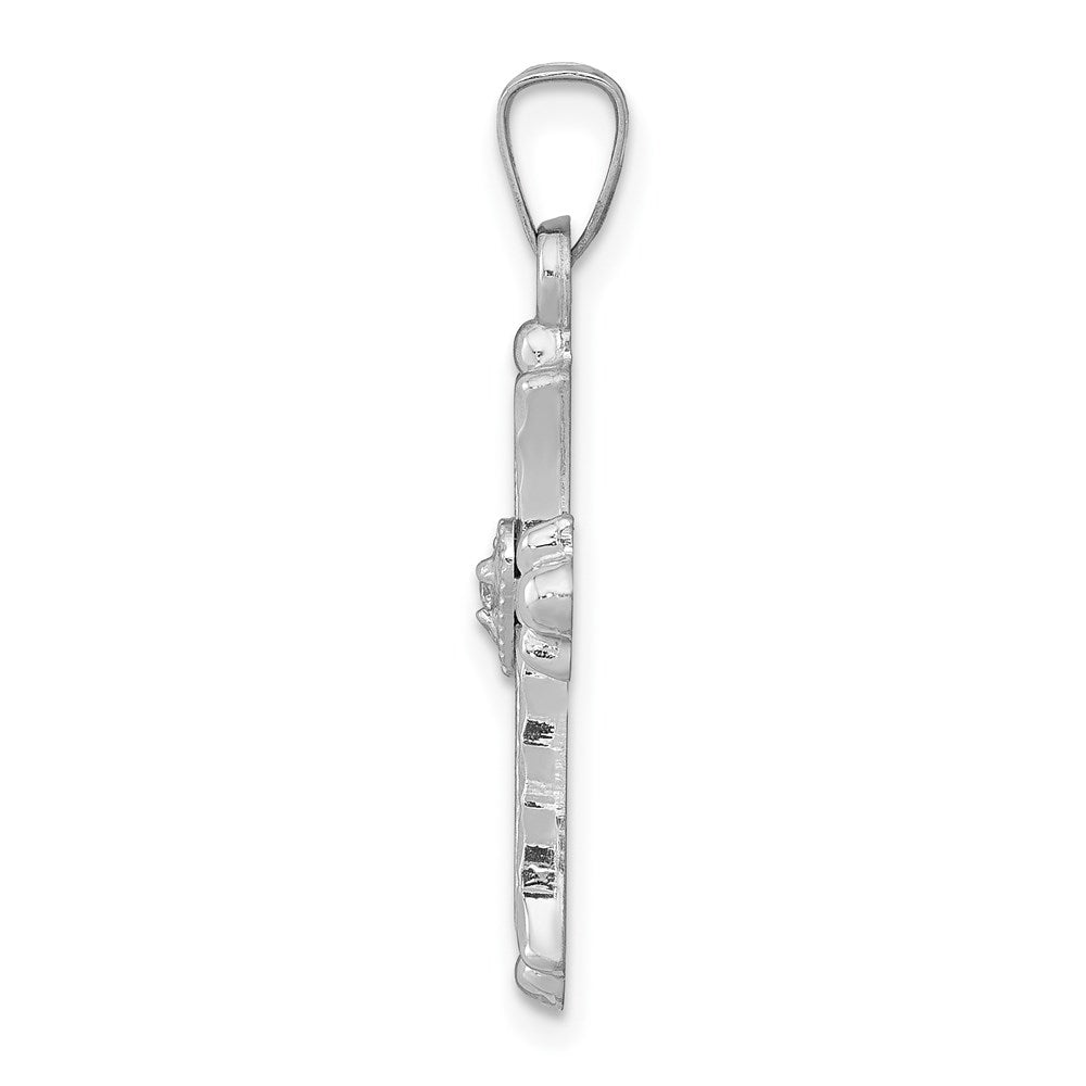 14K White Gold Diamond Textured and Polished Fleur de lis Cross Pendant