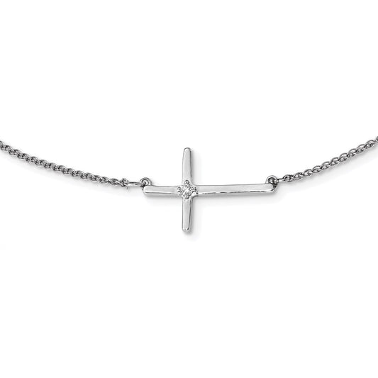 14k White Gold Diamond Sideways Cross 18in Necklace
