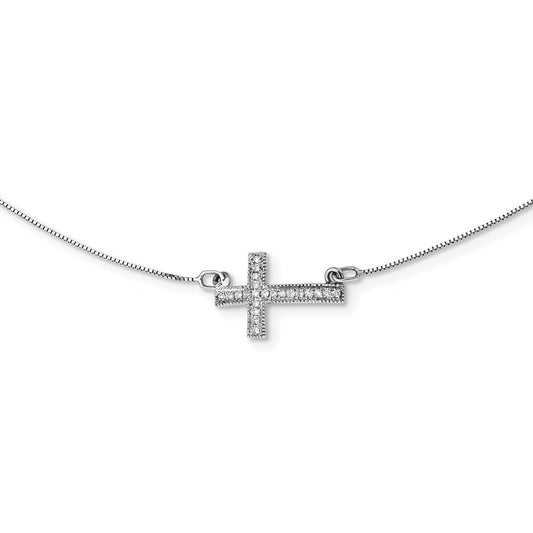 14k White Gold Diamond Sideways Cross 18in Necklace