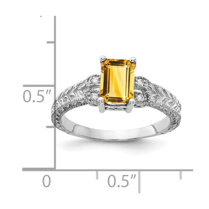 14k White Gold 7x5mm Emerald Cut Citrine AAA Diamond ring