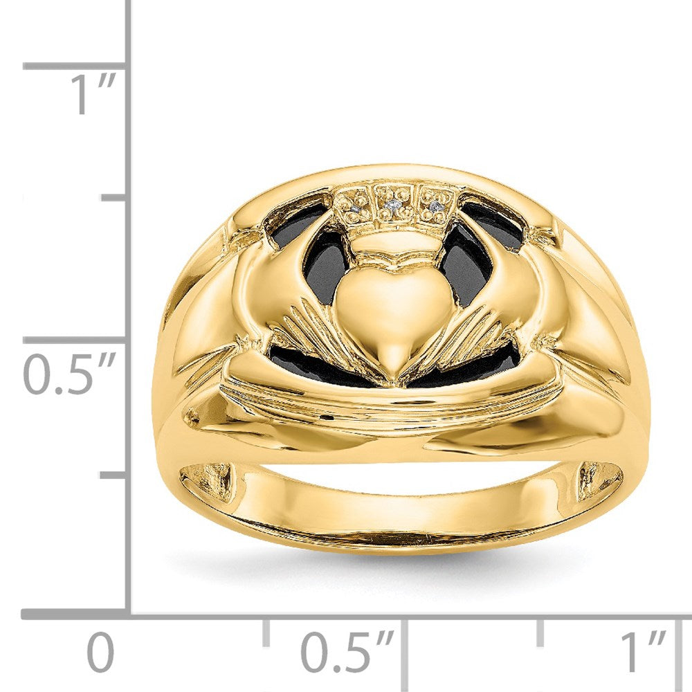 14K Yellow Gold AA Real Diamond and Onyx Mens Claddagh Ring
