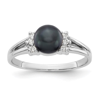 14k White Gold 6mm Black FW Cultured Pearl AA Diamond ring