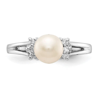 14k White Gold 6mm FW Cultured Pearl AA Diamond ring