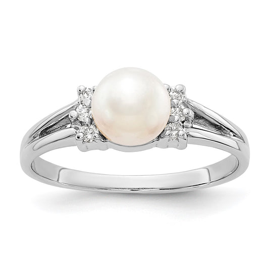 14k White Gold 6mm FW Cultured Pearl AA Diamond ring