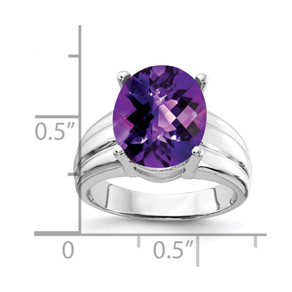 14k White Gold 12x10mm Oval Amethyst Checker ring