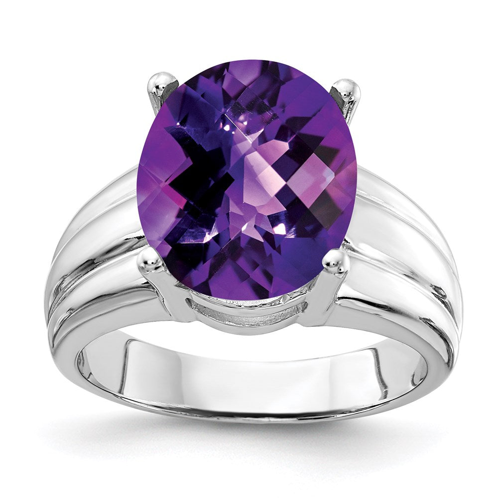 14k White Gold 12x10mm Oval Amethyst Checker ring