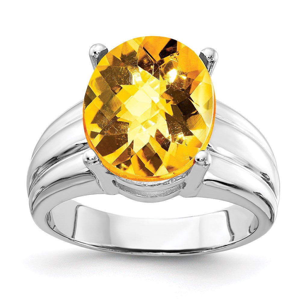 14k White Gold 12x10mm Oval Citrine Checker ring