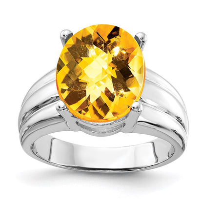 14k White Gold 12x10mm Oval Citrine Checker ring
