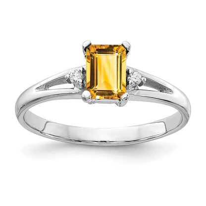 14k White Gold 6x4mm Emerald Cut Citrine VS Diamond ring
