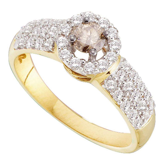 14k Yellow Gold Round Brown Diamond Solitaire Halo Engagement Ring 3/4 Cttw