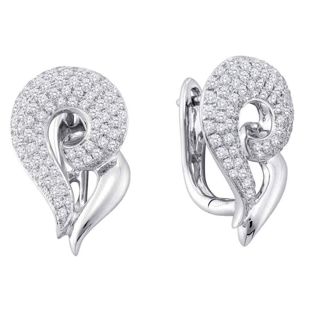 14k White Gold Round Diamond Cluster Huggie Earrings 1-1/4 Cttw