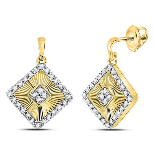 10k Yellow Gold Round Diamond Diagonal Square Dangle Earrings 1/5 Cttw