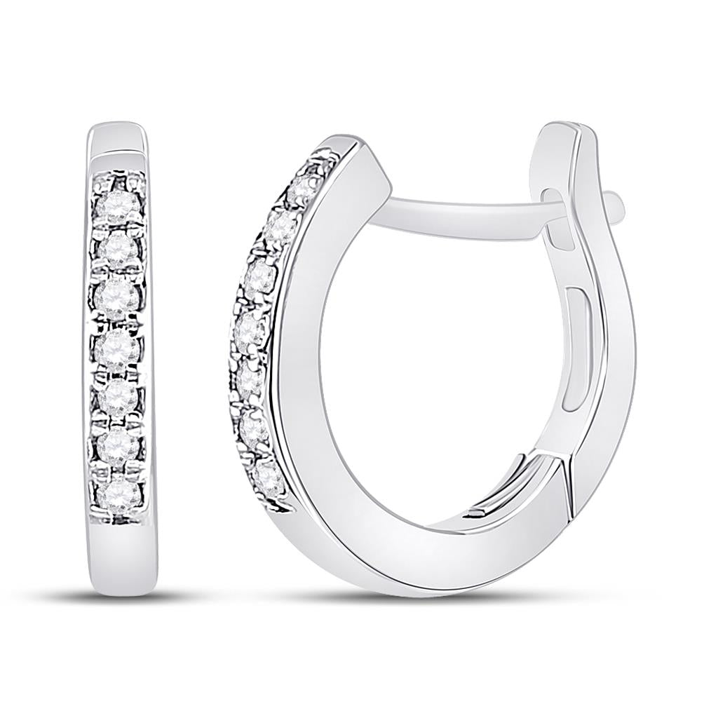 14k White Gold Round Diamond Huggie Hoop Earrings 1/20 Cttw