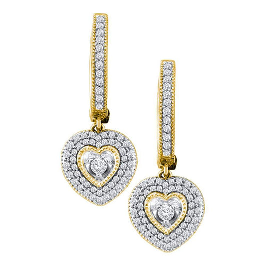 10k Yellow Gold Round Diamond Heart Dangle Earrings 3/4 Cttw