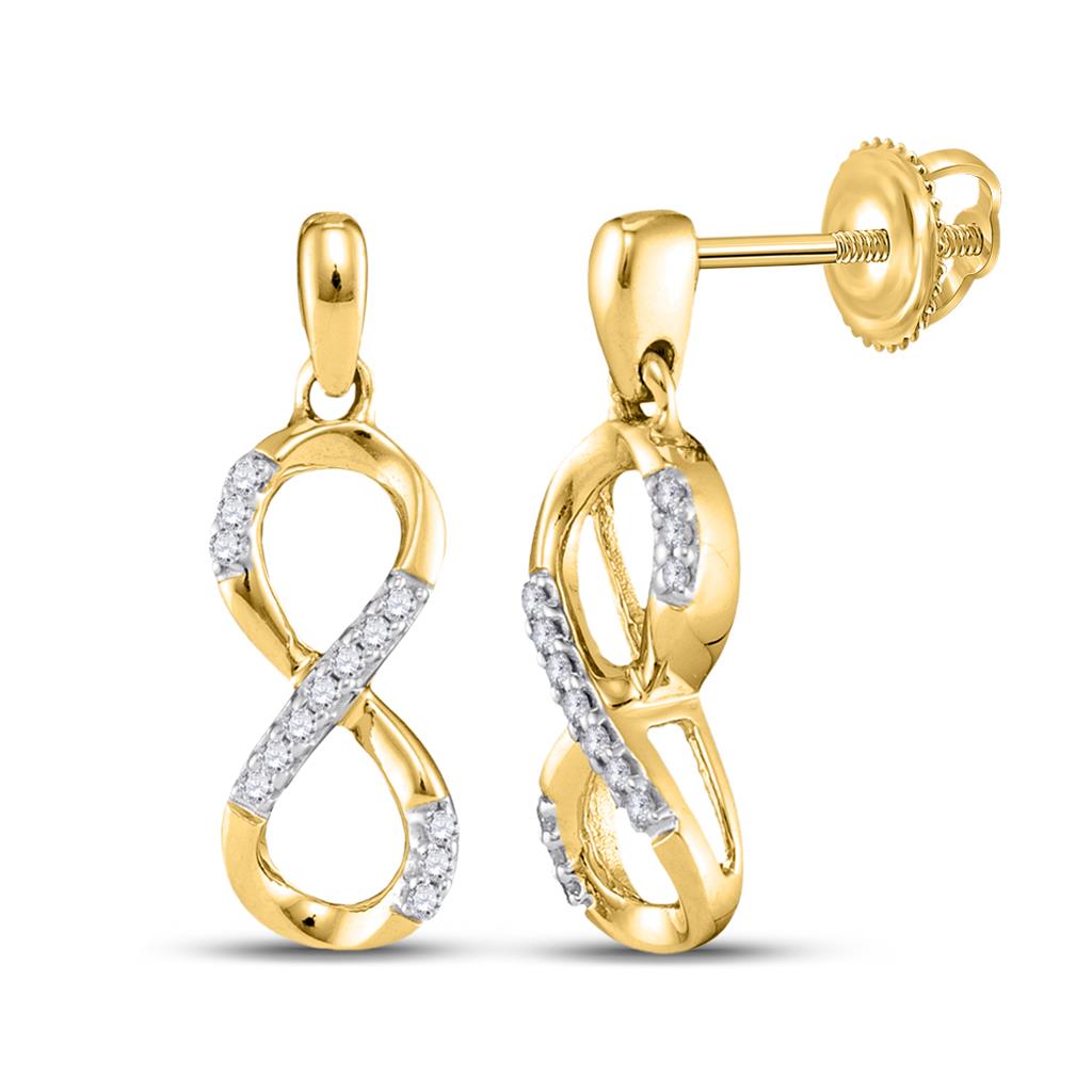 10k Yellow Gold Round Diamond Infinity Dangle Earrings 1/10 Cttw