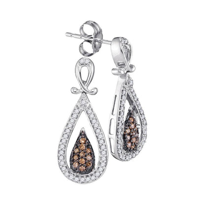 14k White Gold Brown Diamond Teardrop Dangle Earrings 1/3 Cttw
