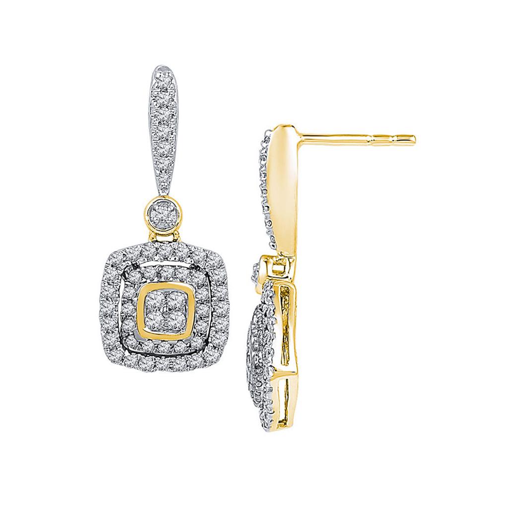 10k Yellow Gold Round Diamond Square Dangle Earrings 5/8 Cttw