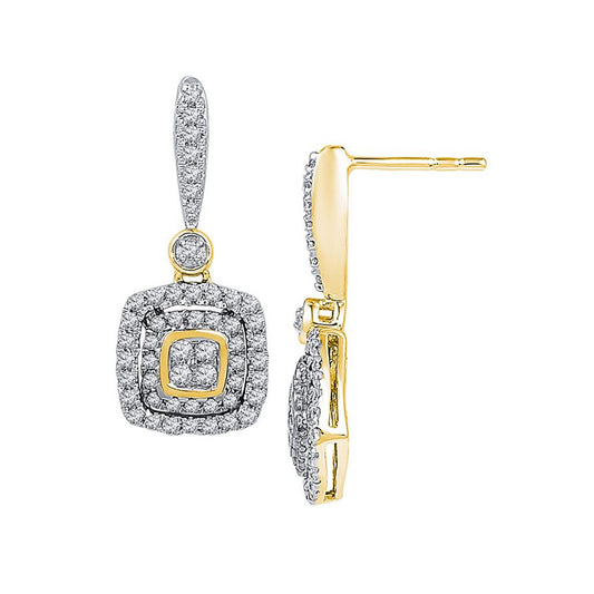 10k Yellow Gold Round Diamond Square Dangle Earrings 5/8 Cttw