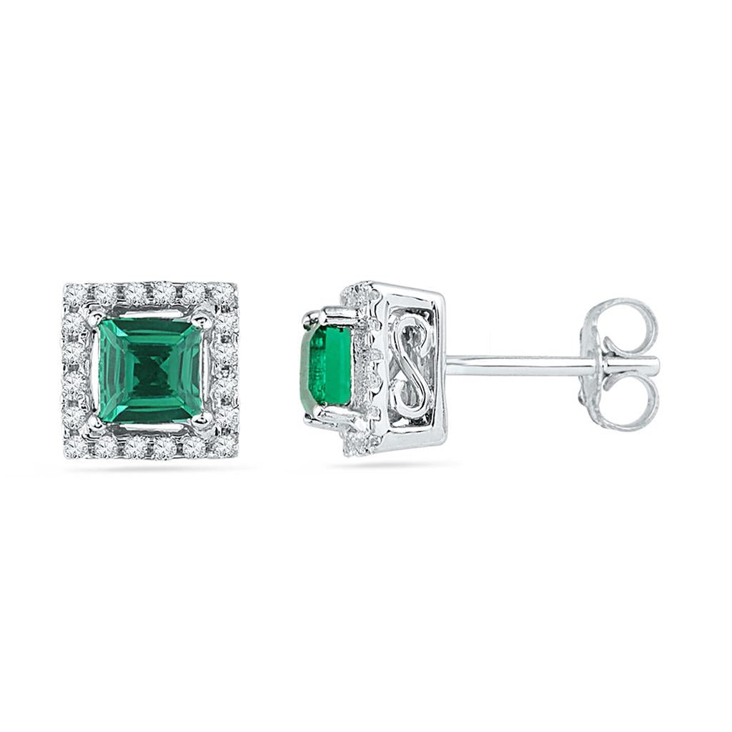 14k White Gold Princess Created Emerald Stud Earrings 1/8 Cttw
