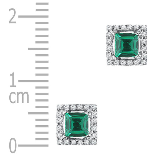14k White Gold Princess Created Emerald Stud Earrings 1/8 Cttw