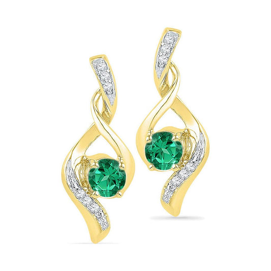 10k Yellow Gold Round Created Emerald Solitaire Diamond Earrings 1/3 Cttw