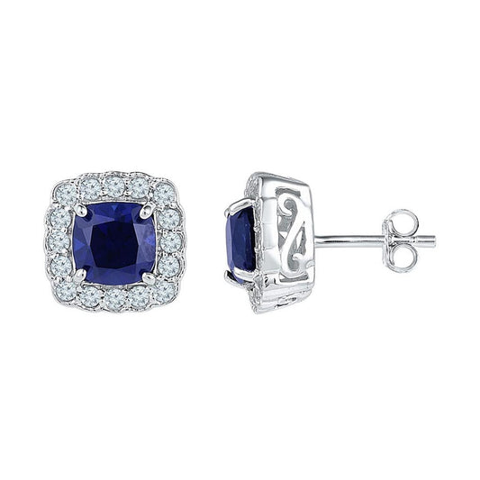 14k White Gold Cushion Created Blue Sapphire Stud Earrings 3-1/3 Cttw