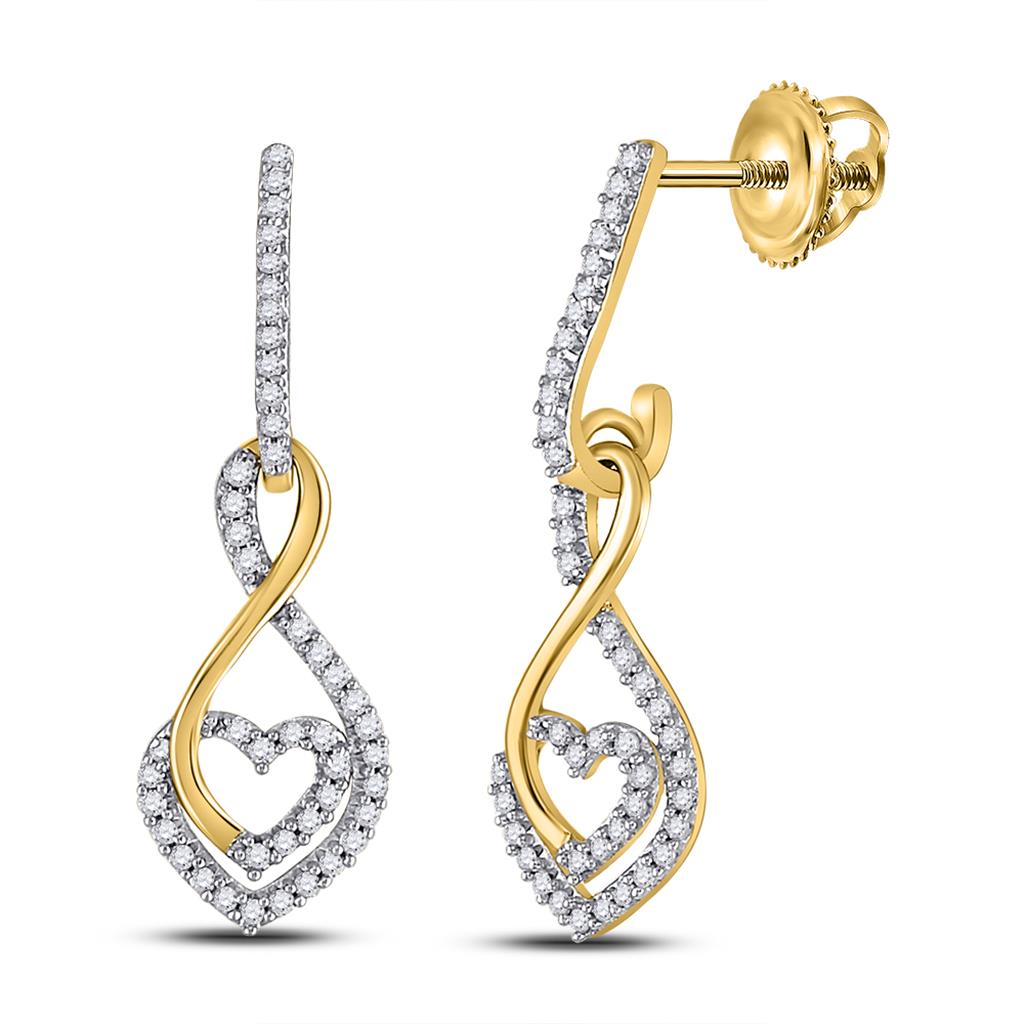 10k Yellow Gold Round Diamond Heart Dangle Earrings 1/4 Cttw