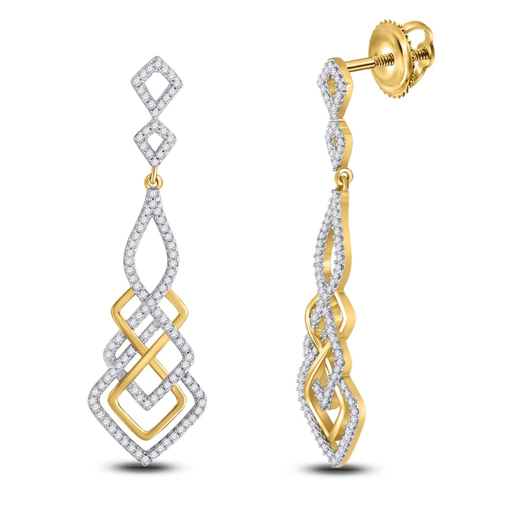 10k Yellow Gold Round Diamond Interwoven Geometric Dangle Earrings 1/2 Cttw