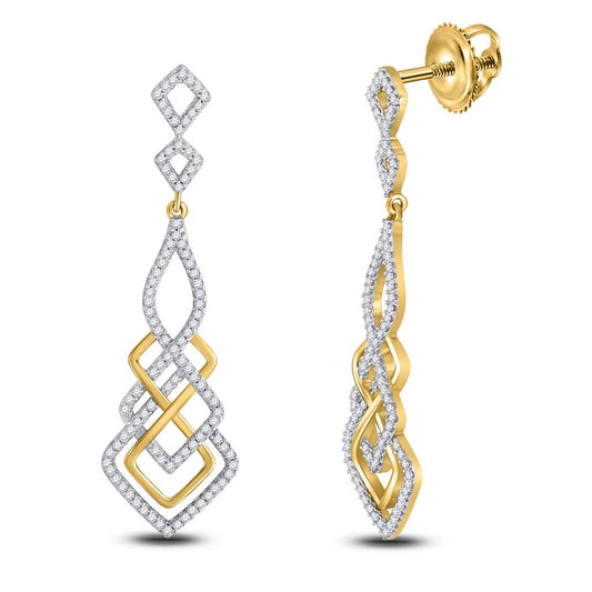 10k Yellow Gold Round Diamond Interwoven Geometric Dangle Earrings 1/2 Cttw