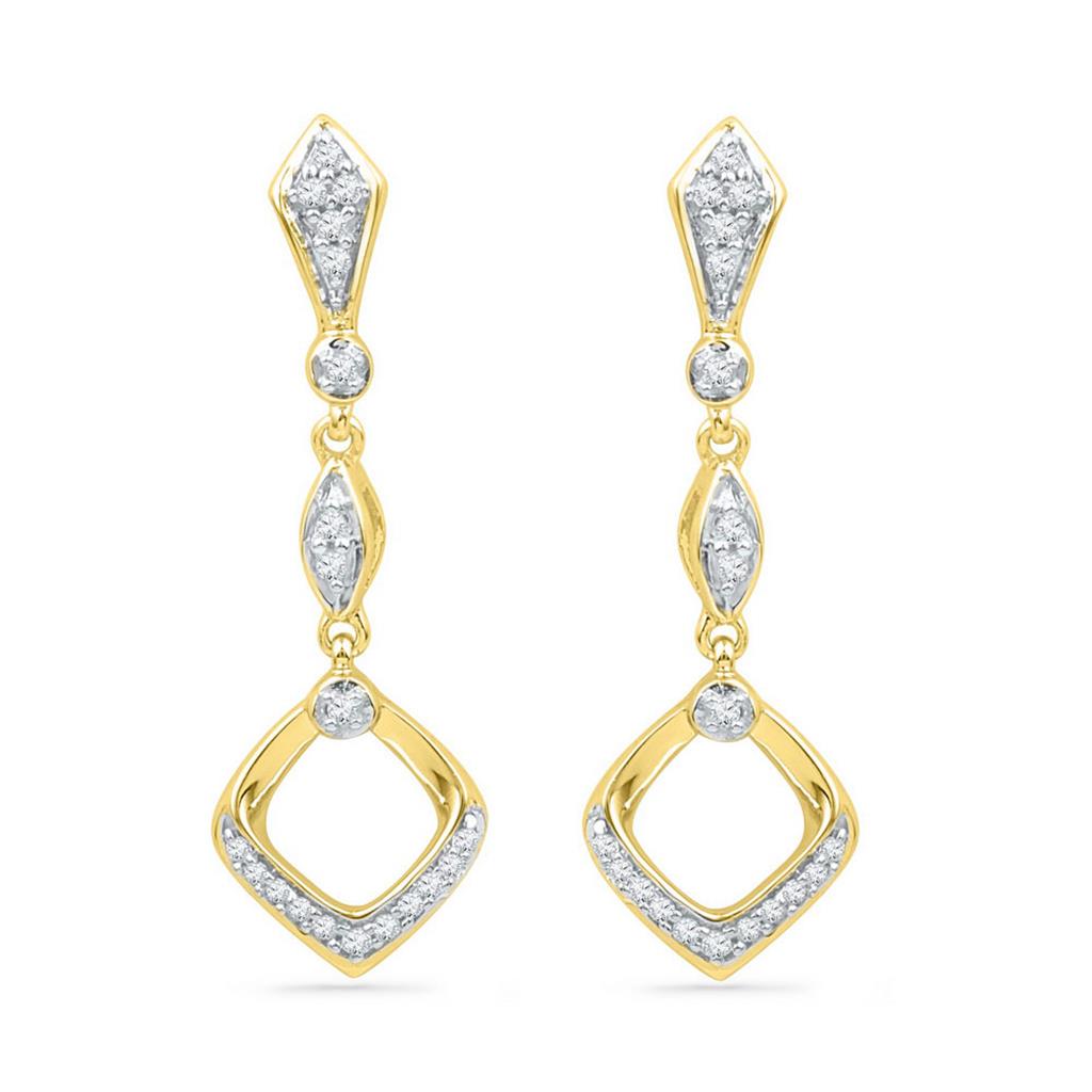 10k Yellow Gold Round Diamond Offset Square Dangle Earrings 1/6 Cttw