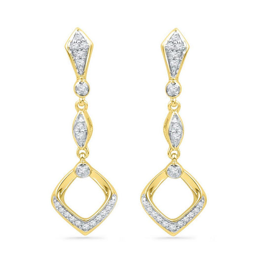 10k Yellow Gold Round Diamond Offset Square Dangle Earrings 1/6 Cttw